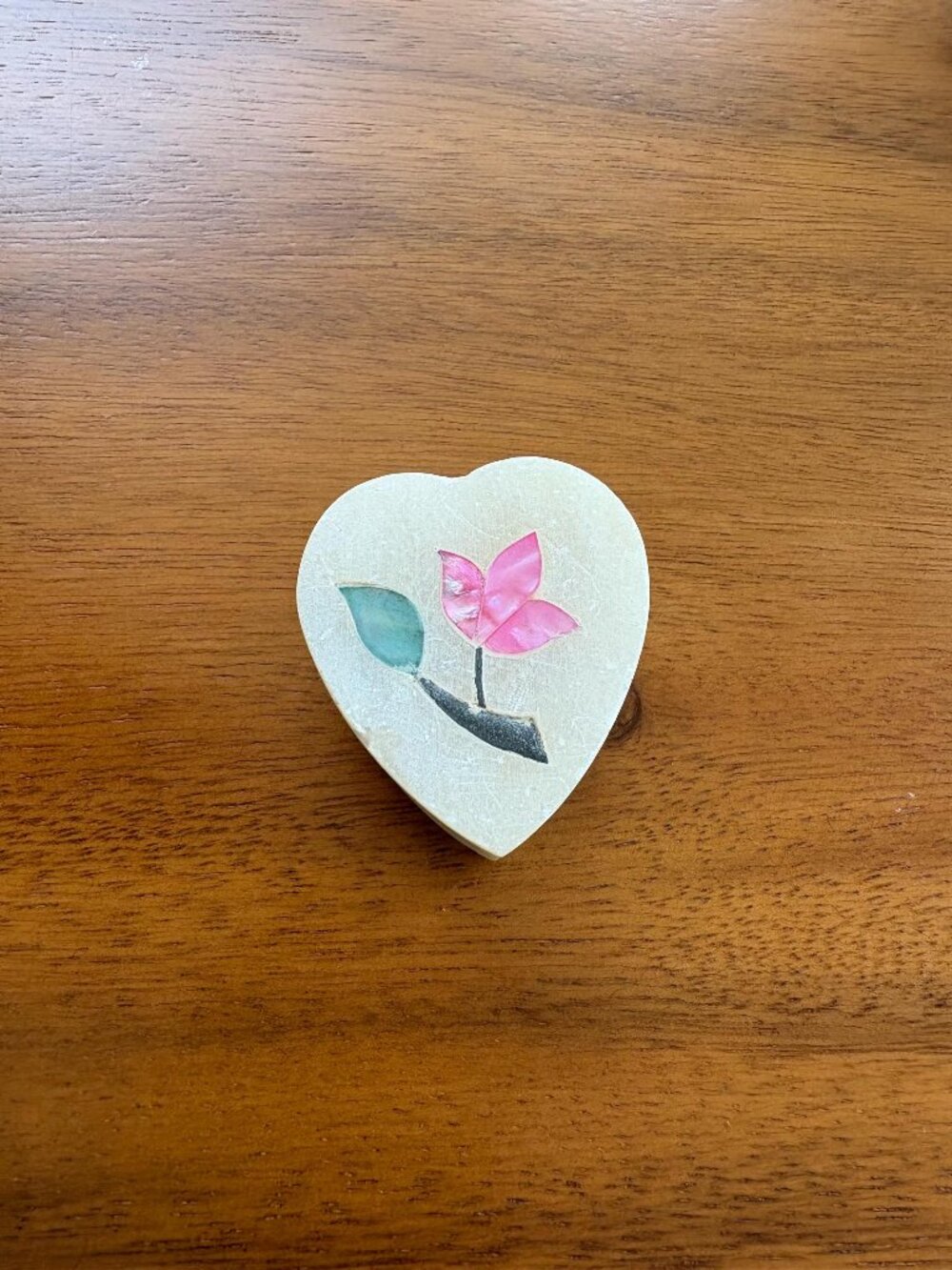 Vintage Heart Shaped Soapstone Trinket Box with Mother of Pearl Floral Inlay